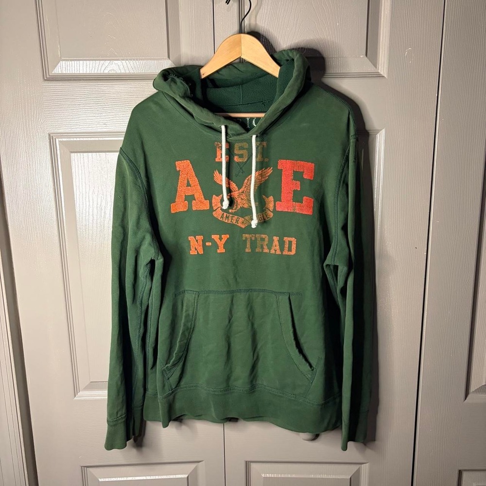 American Eagle Mens Green Pullover Hoodie Orange NYC Graphic Y2K Size Large